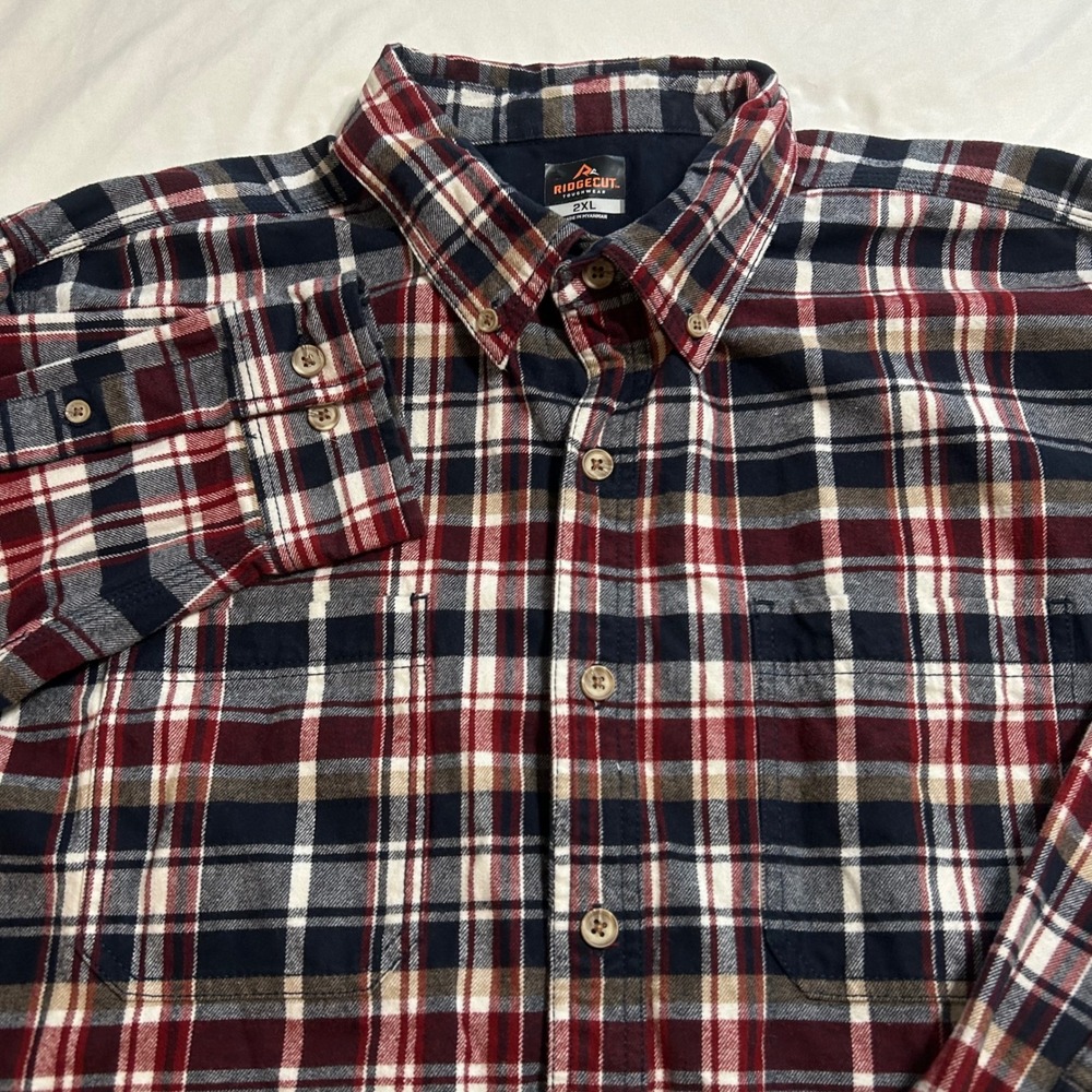 Ridgecut Toughwear Mens 2XL Red Navy Plaid Flannel Button Down Shirt RC11011
